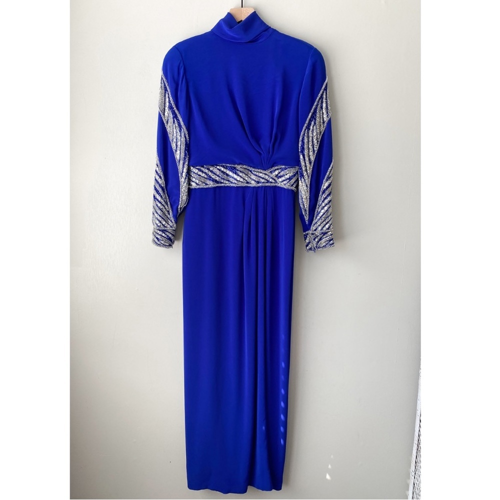Vintage Beaded Sequin Mock Neck Long Sleeve Evening Gown